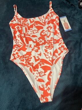 Billabong Orange and White Floral One-Piece Swimsuit